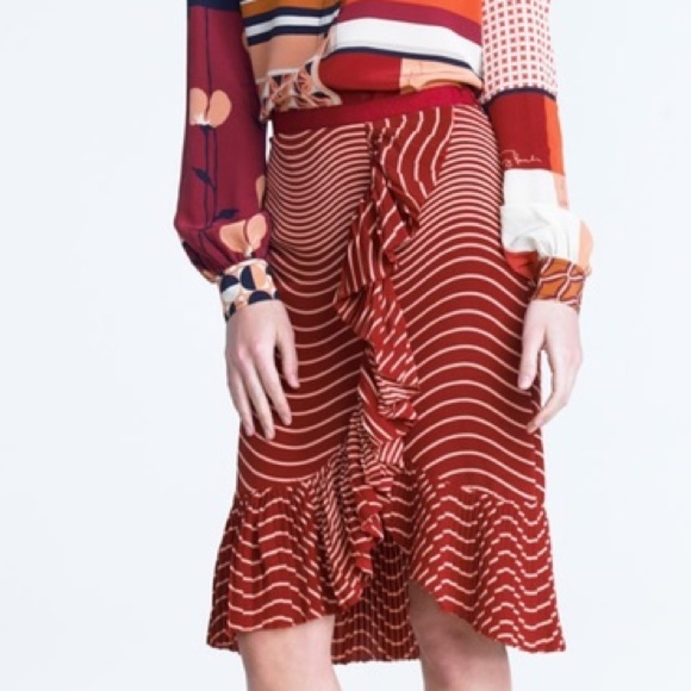Tory Burch Red and Pink Silk Striped Skirt